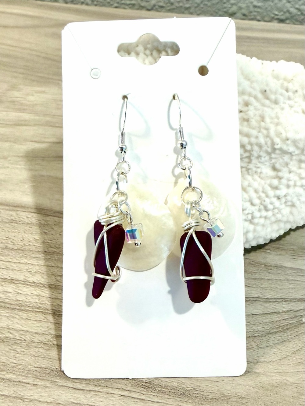 84. Handmade Silver-Wire deep red Sea Glass Drop Earrings